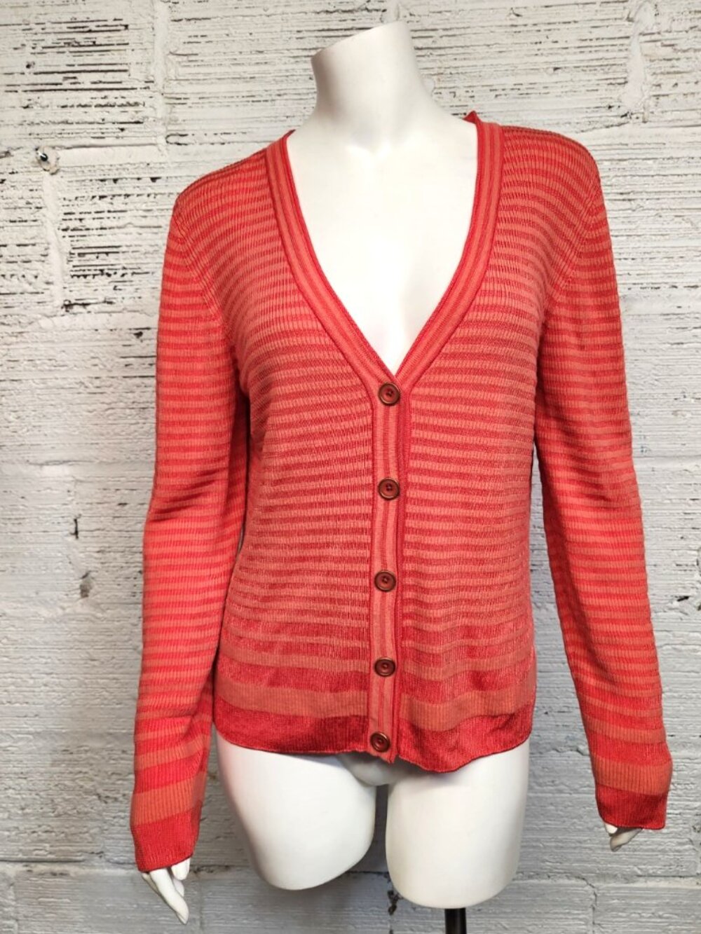 St. John Women's L Orange Striped Button Up Long Sleeve Wool V-neck Cardigan